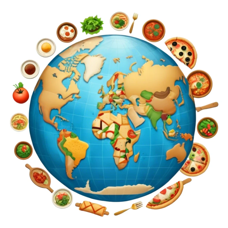 Icon for Gastronomic Tourism: a globe with various cuisines from around the world, such as pizza, sushi, tacos, and pasta, surrounded by food-related travel elements like a fork, knife, and map. Transparent background. sticker
