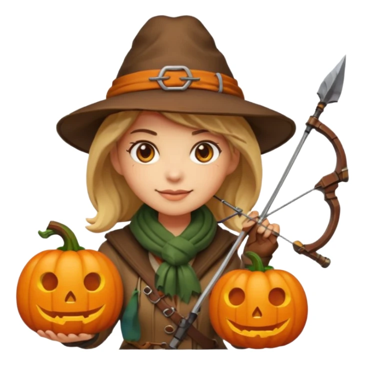 female human monster hunter emoji, wearing brown coat and hat, holding crossbow, soft smile, scarf, glowing pumpkin by her side, Halloween fantasy style, clean vector Apple emoji look, bright colors, white background, square sticker