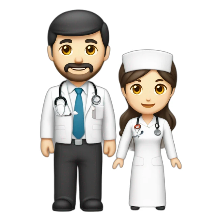 husband executive caucasian middle age trimmed beard business suit and open bible, with wife asian age 55 dark hair nurse uniform nurse cap sticker