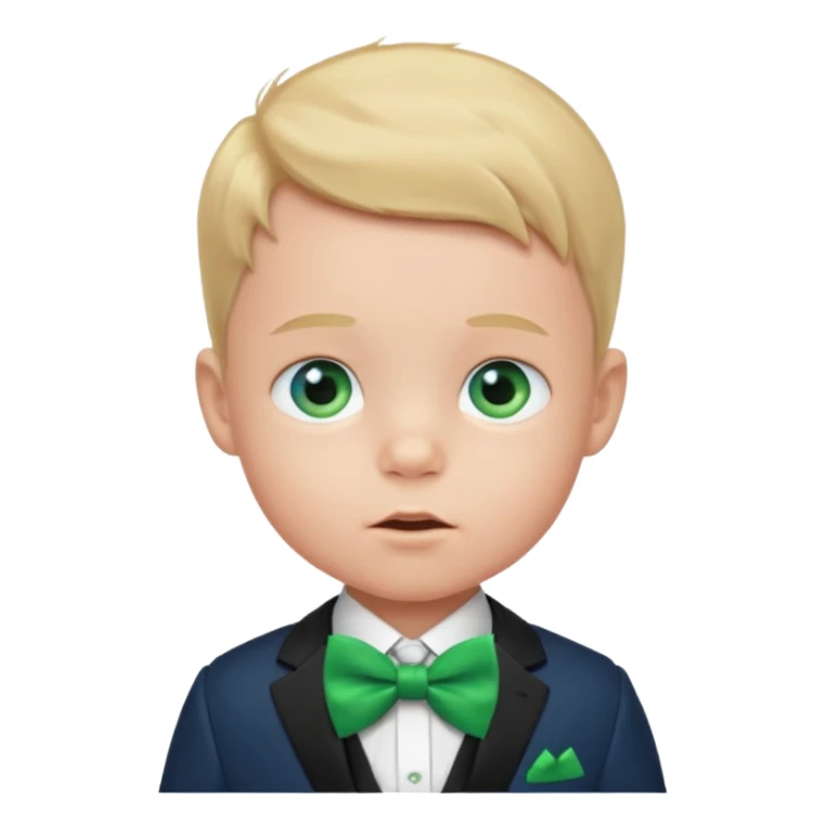 baby boy in suit, blue eye, with green bow sticker