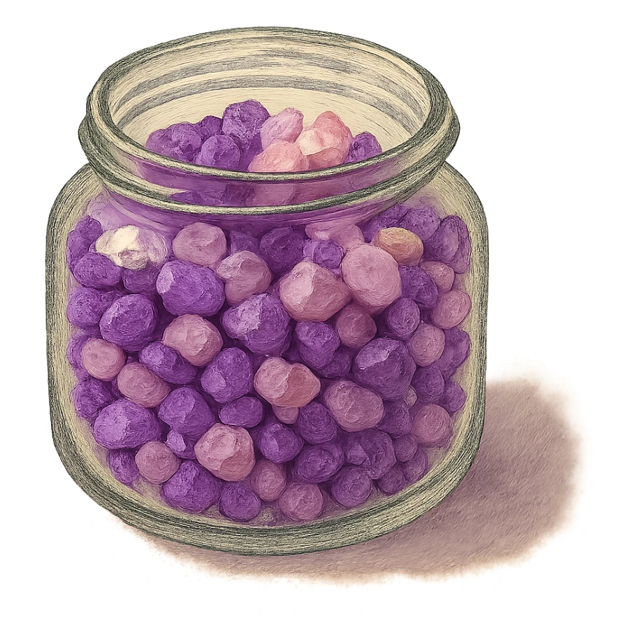 very realistic purple and pink crystal small rough pebbles in an open glass jar, mixed together, natural colors, soft, fairy-like atmosphere, no background, square size sticker