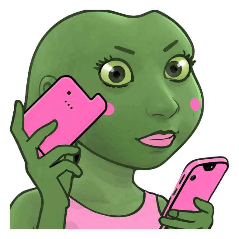 kawaii girl scrolling on pink cell phone sticker