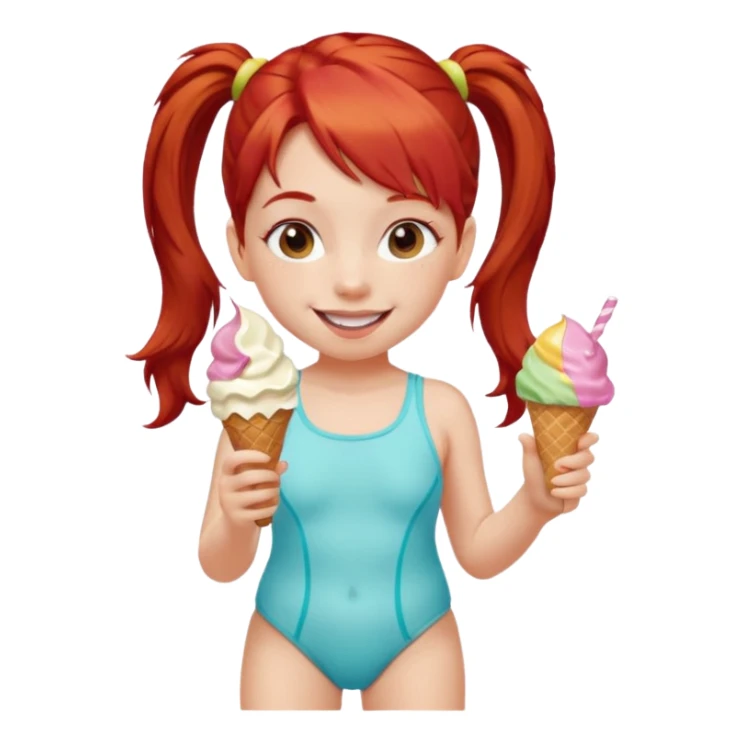 girl kid red haired swimsuit, eating ice cream, ponytail sticker