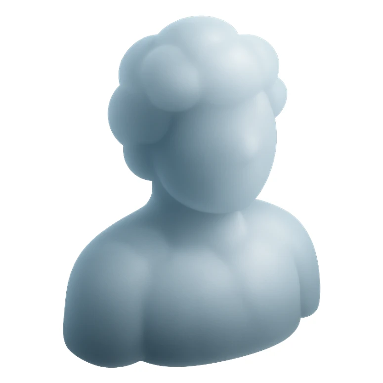 person made entirely of white fluffy convex clouds, shoulder up, front view, matte glass style sticker