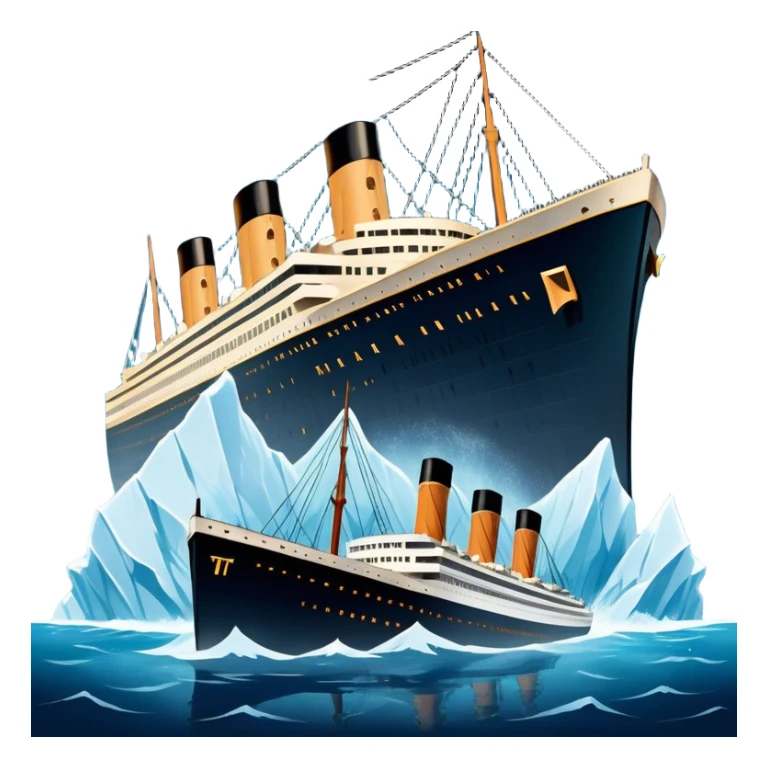 Icon for Titanic Movie: A vintage movie poster-style design featuring a dramatic scene of the ship, the iceberg, and a romantic silhouette of the main couple. Include elements like the ship’s bow, water splashes, and a starry sky in the background. Retro cinematic feel. Transparent background. sticker