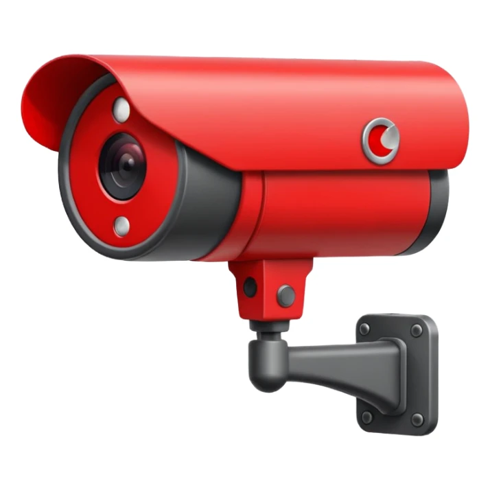 Minimalist emoji-style sticker of a CCTV camera with a glowing red record light, facing forward. Flat icon, grayscale with small red accent.
 sticker