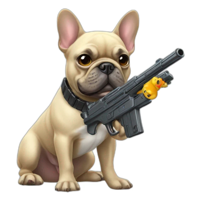 A French bulldog with a toy gun sticker