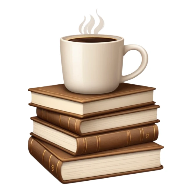Stack of brown books with a coffee cup on top sticker