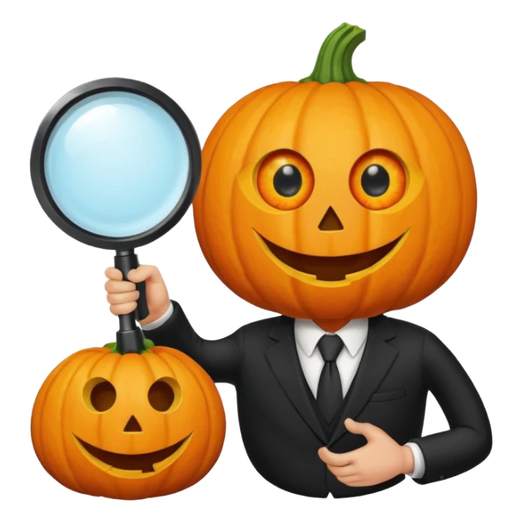 A pumpkin smiling at a magnifying glass (the magnifying glass has limbs and a suit thats black, the magnifying glass also has a eye, looks like a cyclops eye, one eye in the middle turn the magnifying glass into a living person) sticker