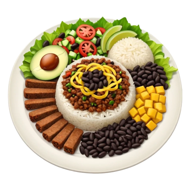 Food plate with rice, black bean, minced meat and salad sticker
