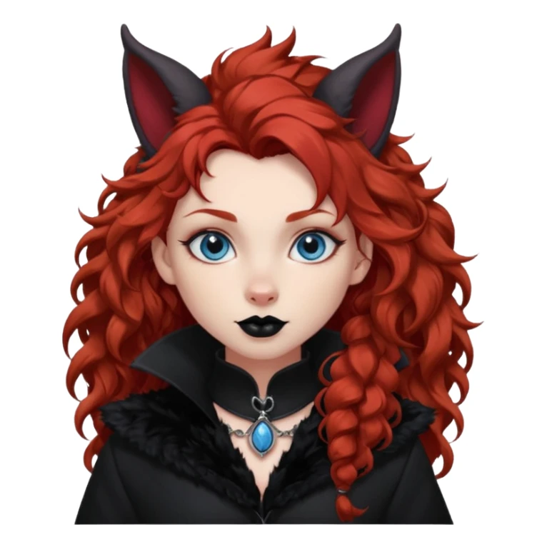  long curly red hair (darker), red pointed ears with black trim, black goth outfits, body and face human, blue eyes, more pointy chin, black lipstick, big fluffy red squirrel tail with black tips, like the attached photo with more outfits and poses,  sticker