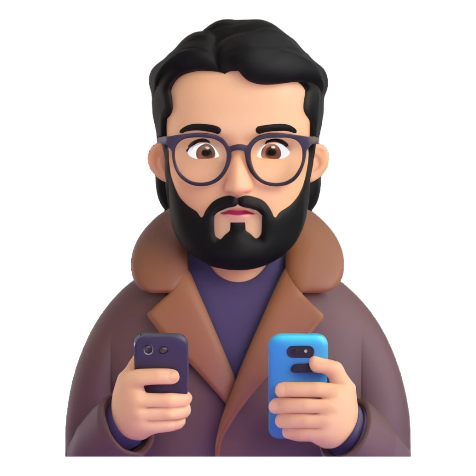 professional man with medium black beard, black hair combed to one side, connected unibrow, olive tan skin, brown eyes, glasses, prominent nose, wearing black coat, intently looking at and interacting with smartphone screen, with subtle office background sticker
