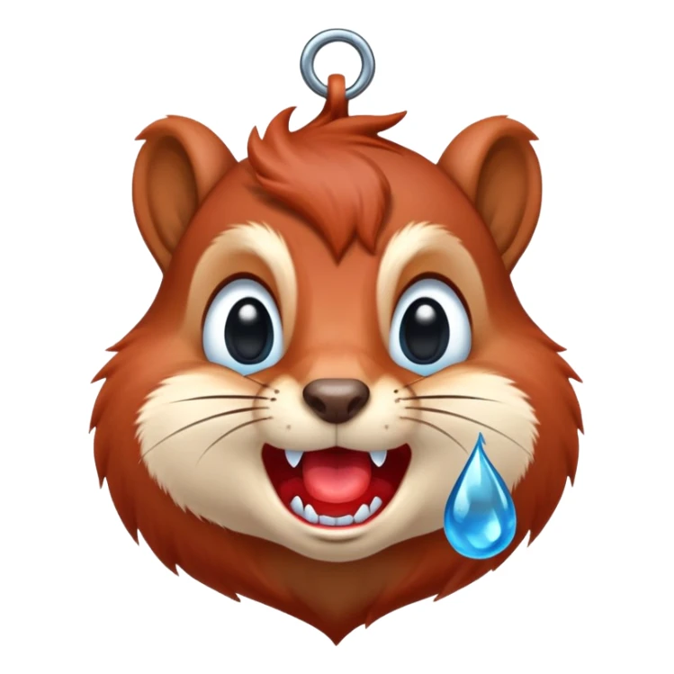 Front view of squirrel face with red-brown fur, prominent teeth, black eyes, and a huge blue drool droplet hanging from mouth, unmistakable drooling sticker