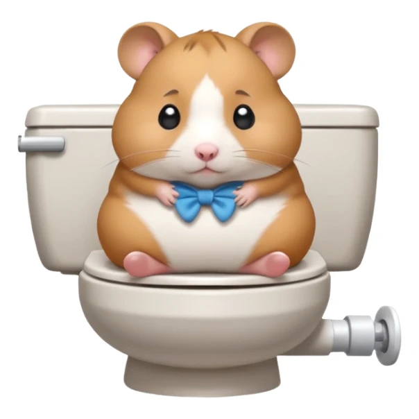 Cute chubby cartoon-style hamster sitting on toilet looking as if he had an accident, sticker-style illustration sticker