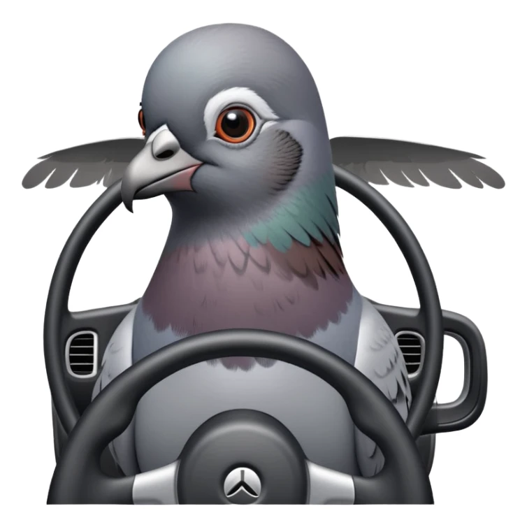 pigeon parking a car, bird using steering wheel and parking sticker