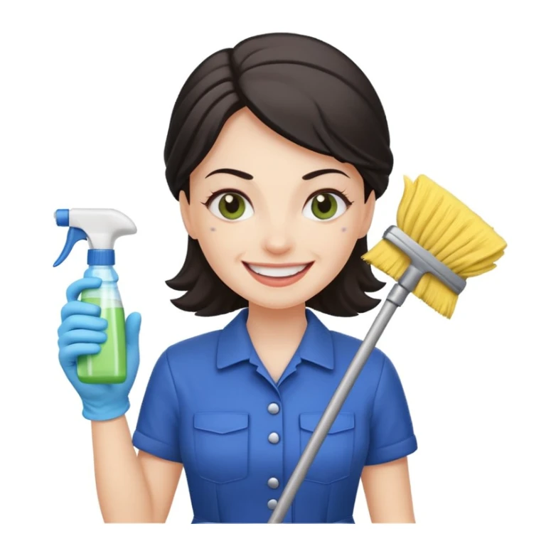 evil cleaning lady, grinning, holding cleaning spray, simple background sticker