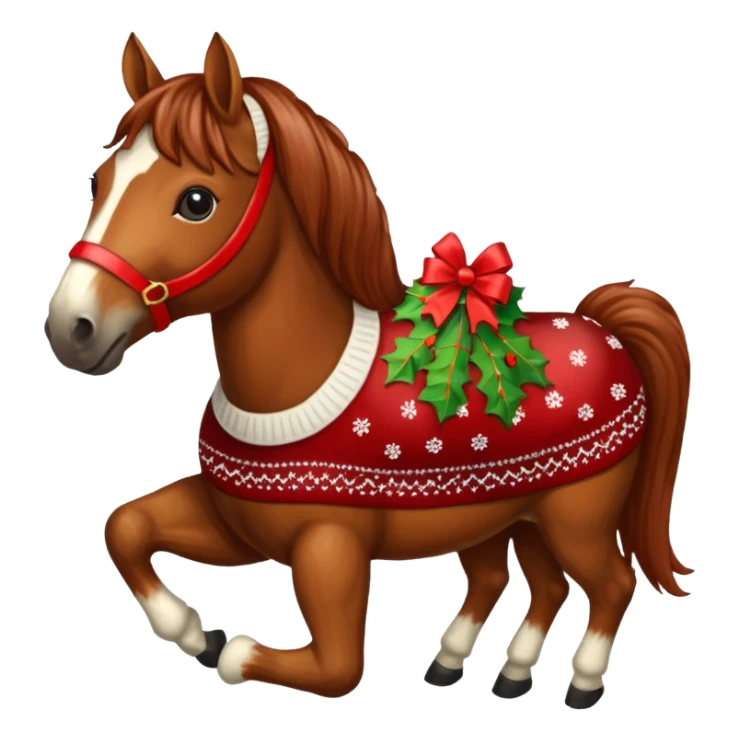 Xmas horse with red bows and a Christmas pudding jumper sticker