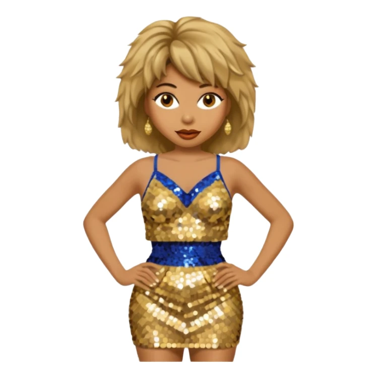 Tina Turner with gold sequin baggy bra, gold sequin skirt sticker