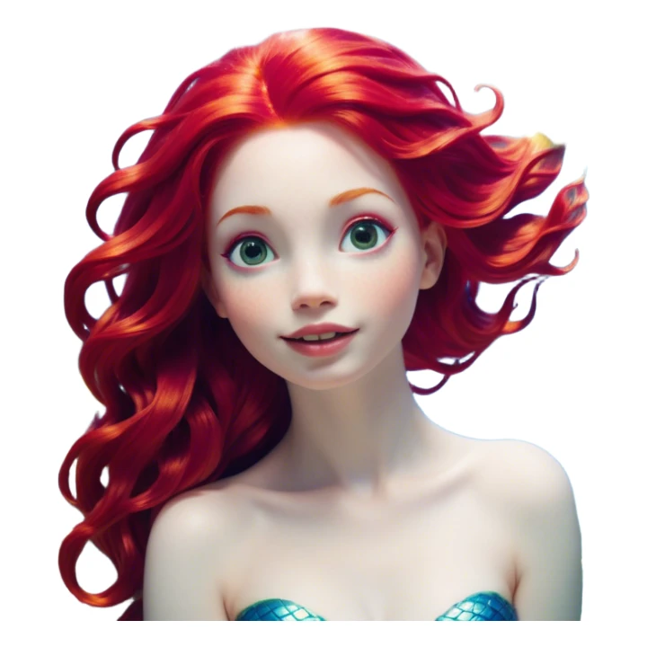 Cinematic Realistic Red Hair Mermaid Portrait, head tilted dramatically with an exaggeratedly amused expression, featuring a striking, vibrant form with meticulously detailed, flowing red hair and luminous porcelain skin. Her expressive eyes burst with playful marine mischief, rendered with dynamic underwater lighting and vibrant textures that convey an air of cheeky oceanic whimsy and over‐the‐top mermaid charm. sticker