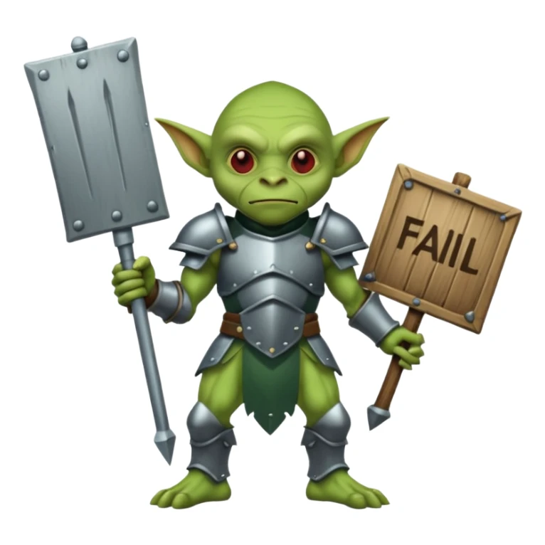 A glgreen colored goblin clad in armor holding a wooden sign that reads "Fail". sticker