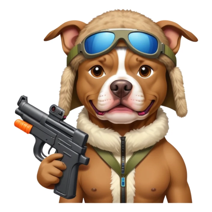 A PITBULL WEARING A NIKE  SKI ON ITS HEADWITH A TOY GUN sticker