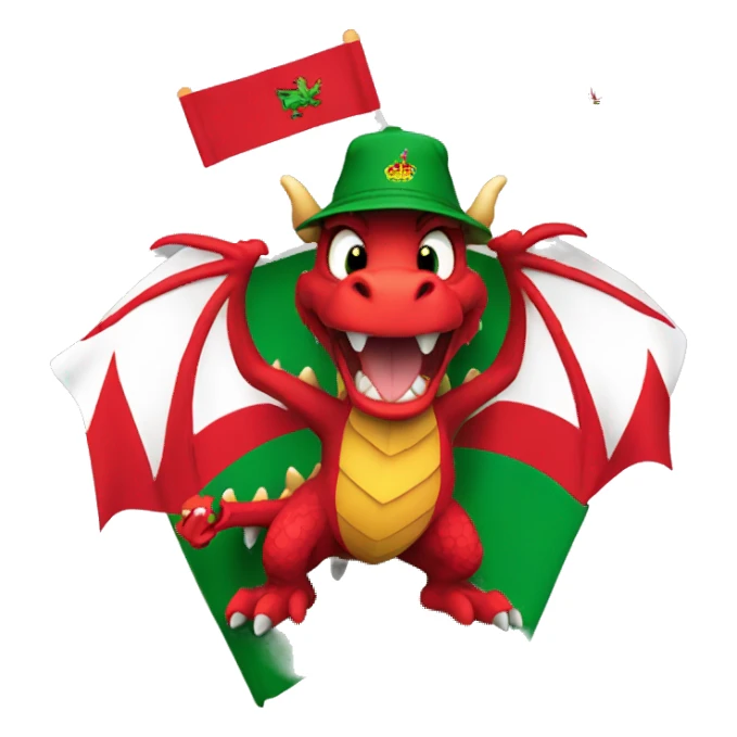 Excited Welsh dragon holding 2 small Welsh flags wearing a Wales FA bucket hat sticker