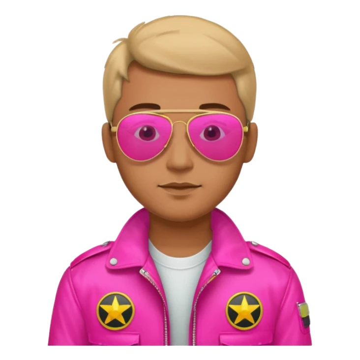 1980s man wearing reflective neon pink aviator sunglasses and a pilot jacket sticker