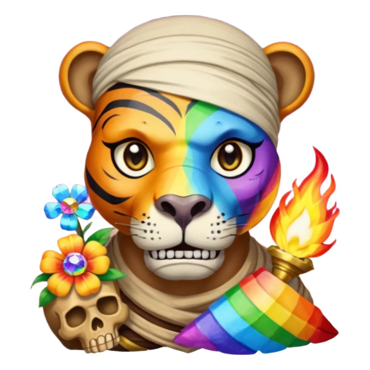 a mummy who is also a pirate make his skull a half flower rainbow diamond part hippo part tiger who is blue and gold whos head is on rainbow fire sticker