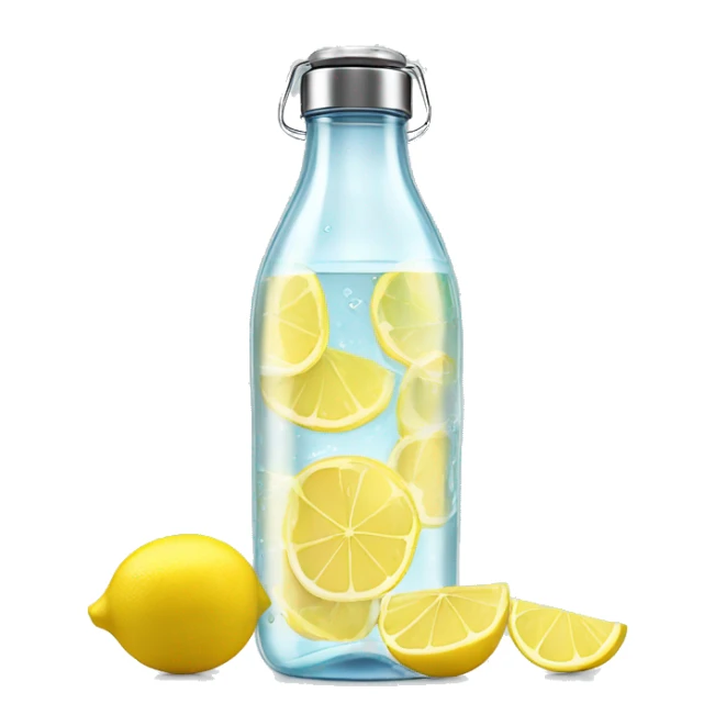 A sleek, transparent glass water bottle with a slices of lemon inside. sticker