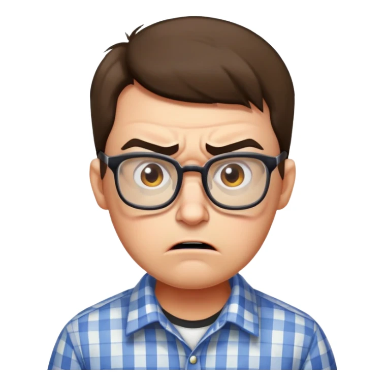 A rigid, tense person looking angry and slightly scared, wearing glasses and a checkered shirt sticker