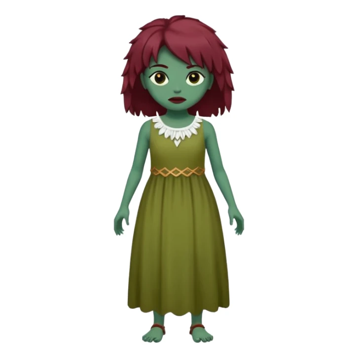 Faça uma garota com pele verde e que seja zombie, que tenha cabelo grande da cor vermelho marsala e que tenha uma franja e que seja liso mais enrolado nas pontas, e que esteja vestindo um sobre tudo(vestido sem alça) da cor branca  sticker