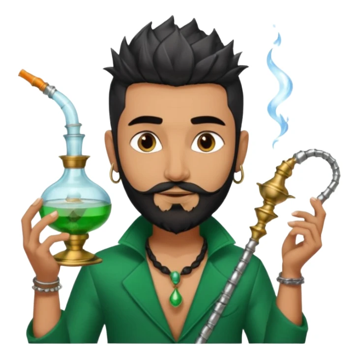 Brass hookah with green design on a glass water base on the top; with two smoke pipes where people are holding them and smoking - one white guy with spikes (silver and black hair) and another Tamil handsome with little beard Indian guy sticker