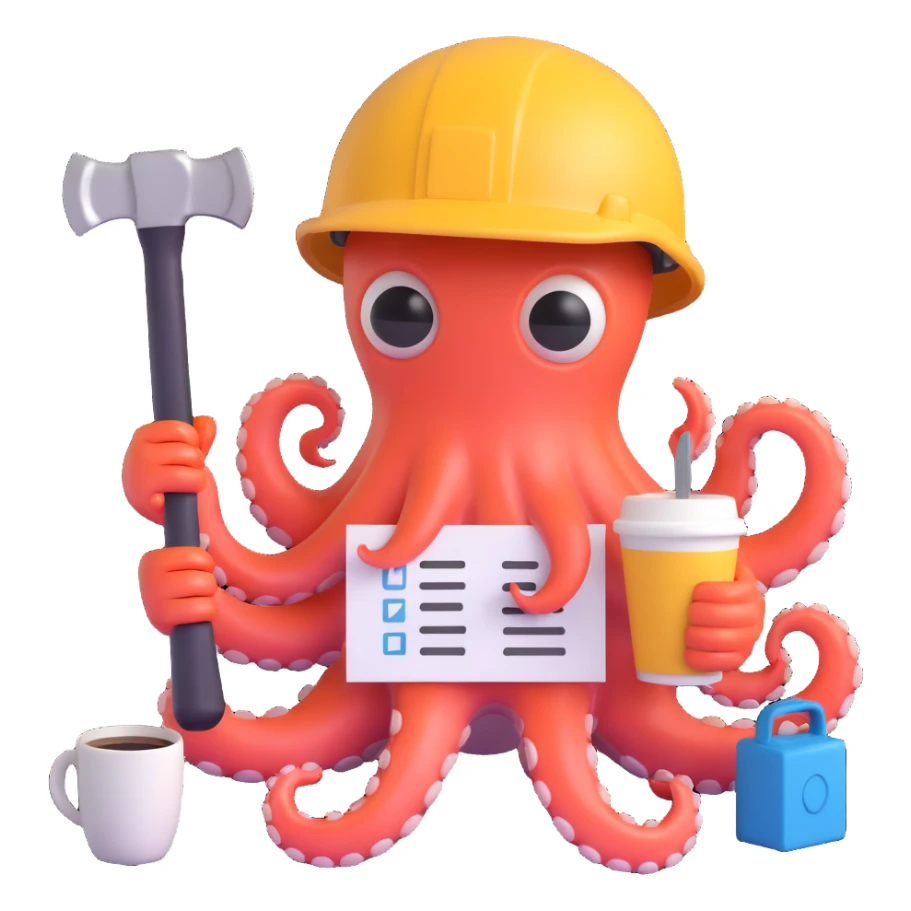 A tired worker wearing a helmet, depicted as an octopus with multiple tentacles holding various tools and items, including a hammer, a checklist with tasks, a wrench, a saw, and a coffee cup sticker