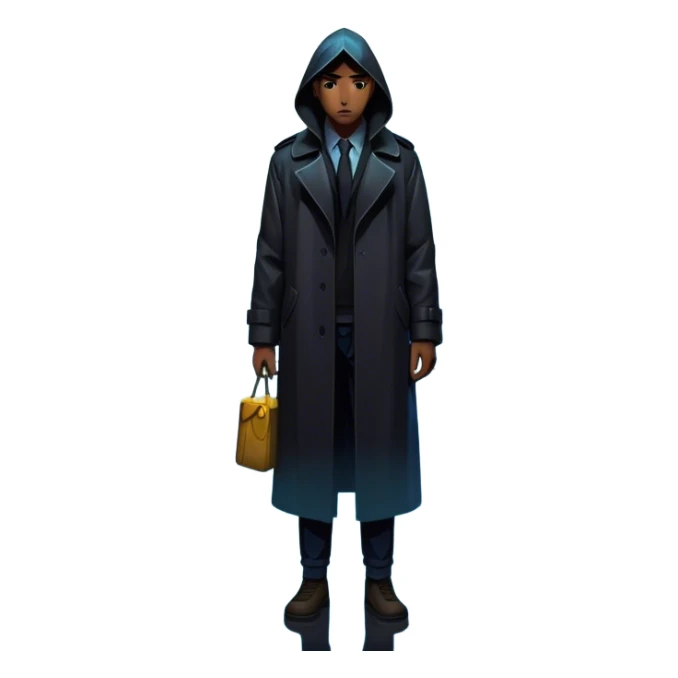 Thriller Movie: A tense, gripping design with dramatic lighting. Include a mysterious figure in a dark coat standing in a rain-soaked alley, with glowing neon signs in the background. Shadows loom and ominous shapes emerge from the mist. Suspenseful and cinematic atmosphere. Transparent background. sticker