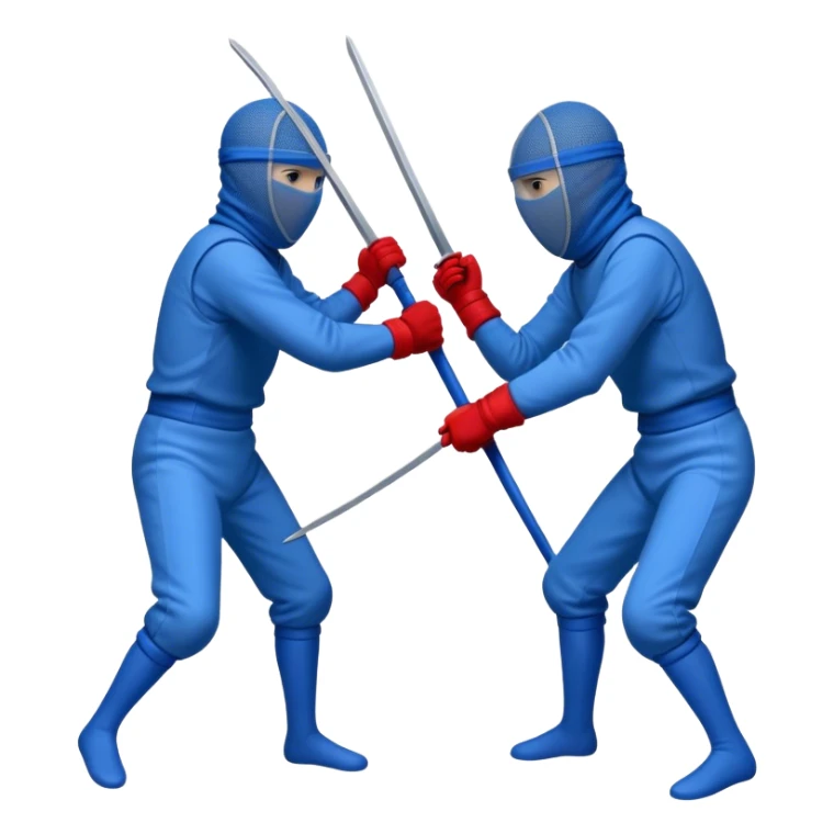Two figures stick fencing, one fully red attacking, one fully blue defending. Both wear mesh-covered headgear, hiding their faces. No swords, only sticks. sticker