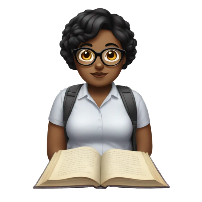 Chubby girl black hair glasses book reading sticker