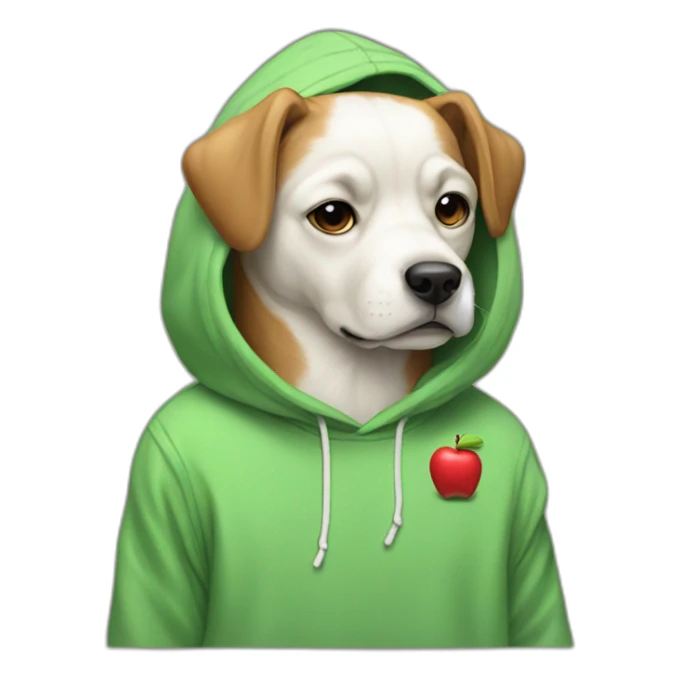 Sad dog with a hoodie and Apple merch sticker