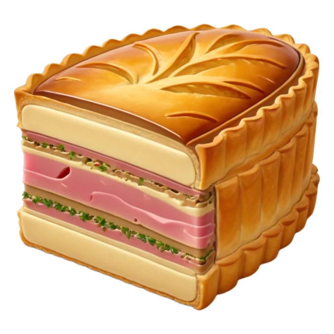 single thick slice of pâté en croûte with golden glossy pastry crust, visible pinkish meat and herbs filling, thin jelly layer near edges, slice upright or flat showing layers clearly, soft lighting, subtle shadows, emoji scale sticker
