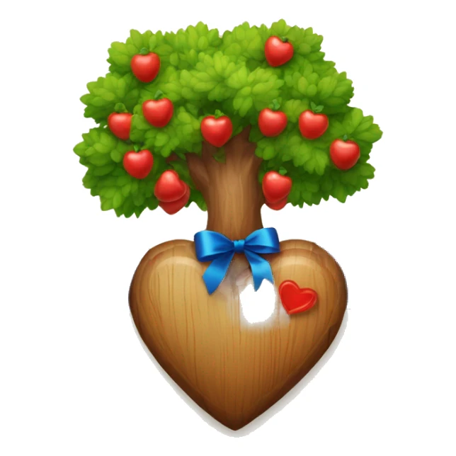 A tree whith wooden red heart fruits + blue ribbon sticker