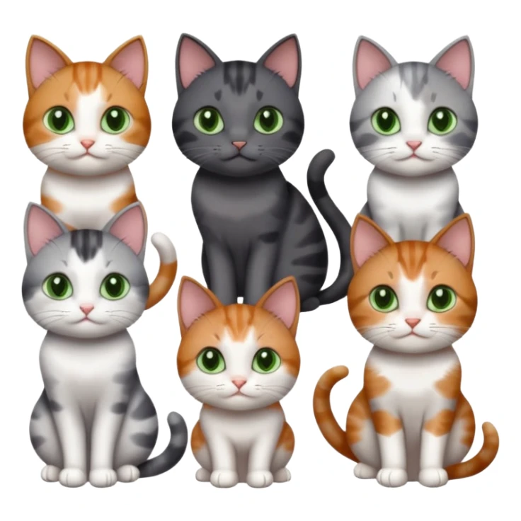 6 different coloured small cats including a dark grey and white, and a patchy calico, and a brown tabby and white,  and a completely solid dark grey with green eyes and only white paws sticker