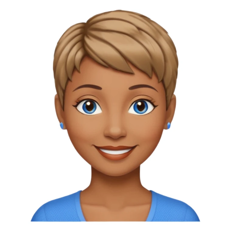 Frau, braun mit dunkelblonden spitzen, kurzhaarfrisur Pixie schnitt, blaue Augen, mittleres alter sticker