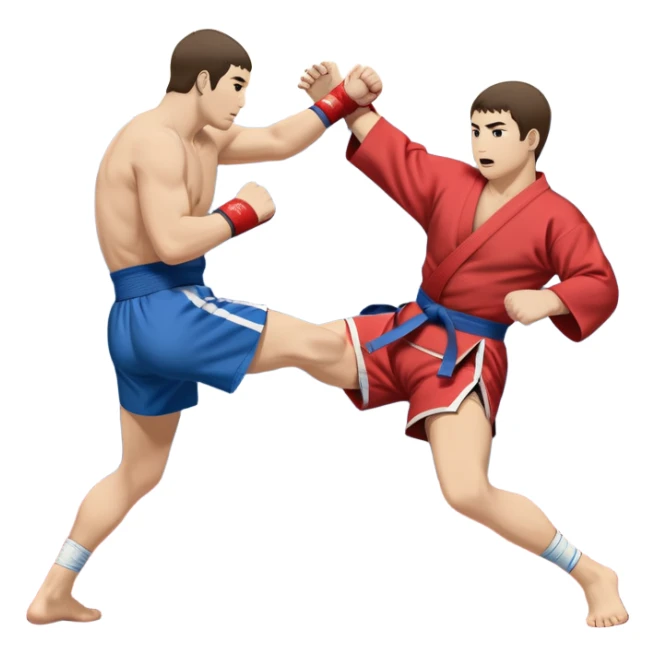 An icon symbolizing Sambo, featuring two fighters in blue and red kimonos with shorts. One executes a powerful throw, while the other attempts a defensive grab. The fighters are engaged in a grapple, using joint locks and sweeps. The background features a wrestling mat/ sticker
