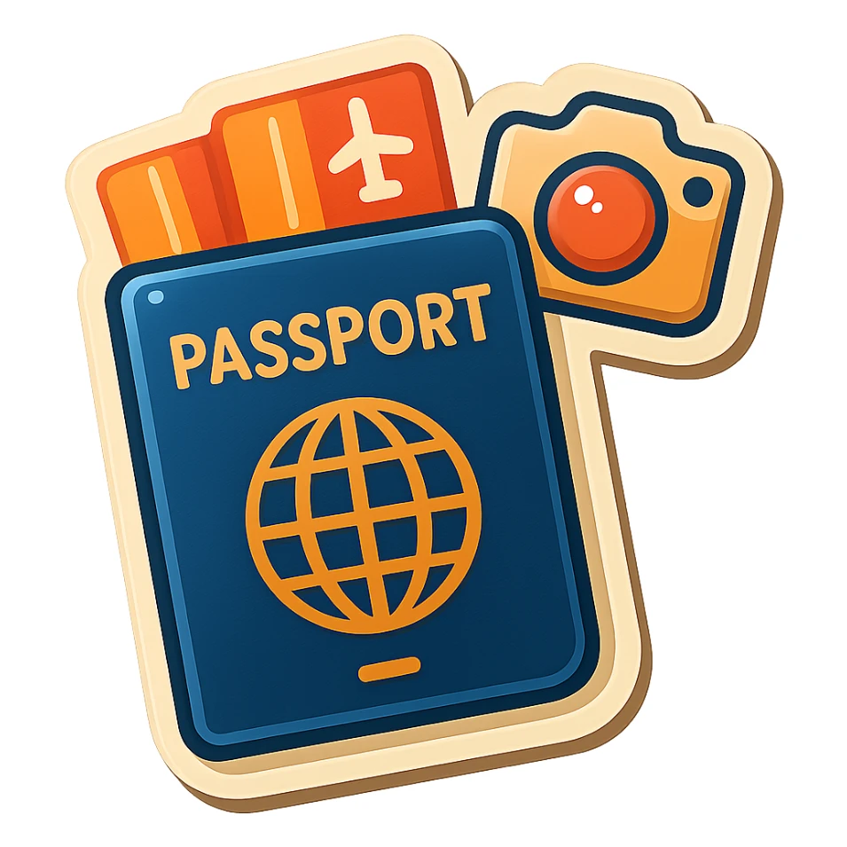 vector-style drawing of a passport with two tickets sticking out, and a small camera icon above or beside the passport, in a retro sticker style with bold outlines and glossy highlights sticker