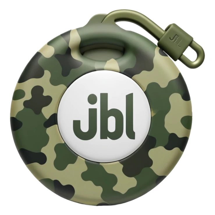 Abstract JBL Clip 4 with round shape, integrated clip, green camo pattern, and small JBL logo, iOS emoji style sticker