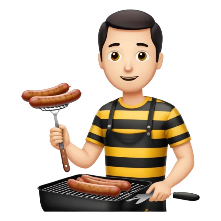 guy in black and yellow horizontal striped shirt grilling sausages sticker