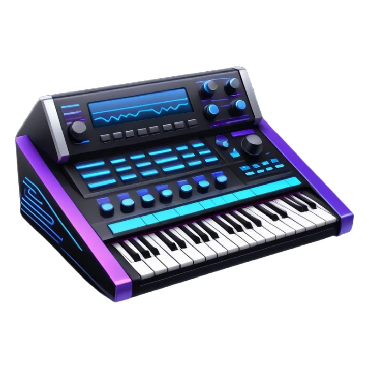 Create a sleek and modern emoji that represents sound design. The design should feature sound waves, a sound mixing console, and a black studio synthesizer to symbolize the process of creating and shaping sound. Include elements like a synthesizer or audio effects buttons to highlight the creative tools used in sound design. Use futuristic colors like neon blue, purple, and silver to convey the cutting-edge, experimental nature of sound creation. The background should be transparent. sticker