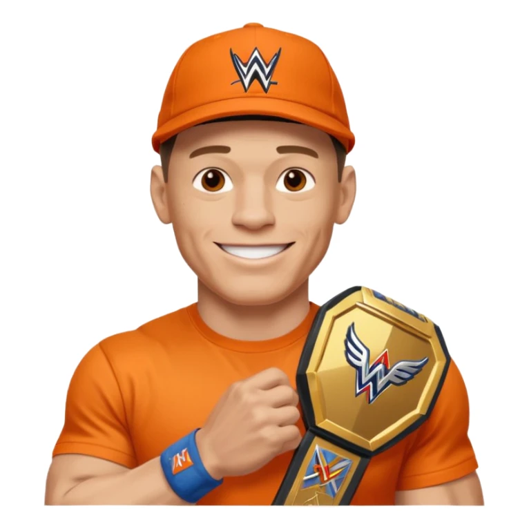 John Cena in orange cap and tshirt with wwe championship sticker