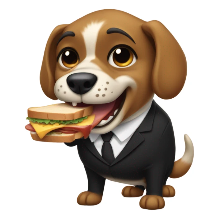 A ferocious dog in a black suit ready to bite a sandwich. sticker