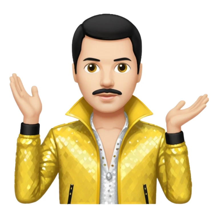 Freddie Mercury with black hair, white sequin shirt, yellow sequin jacket sticker