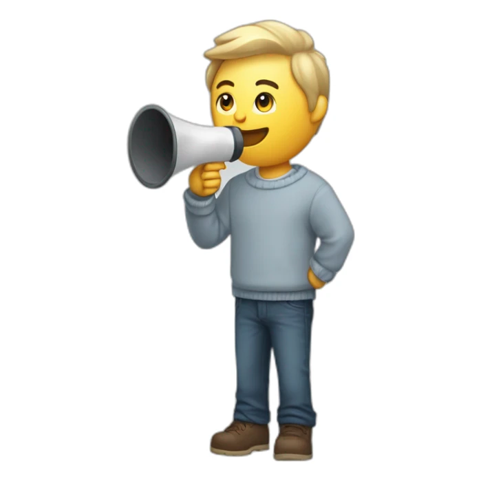software developer with white skin and a shirt under a sweater making an announcement with a megaphone sticker